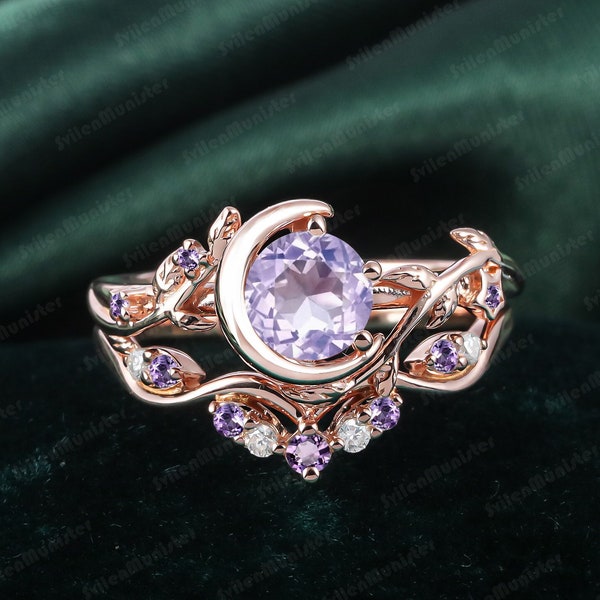 Anillo Art Déco Naturaleza inspirada lavanda Amatista Conjunto nupcial Luna Estrella Oro Vintage Anillo de compromiso Hoja Febrero Piedra de nacimiento Anillo de promesa delicada