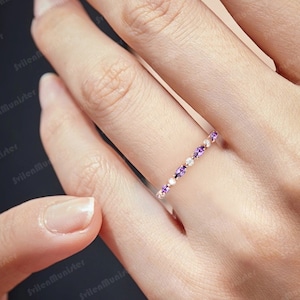 Vintage Solid gold wedding band marquise cut Amethyst half eternity band Unique Gem Bridal Diamond Matching Stacking band Anniversary ring