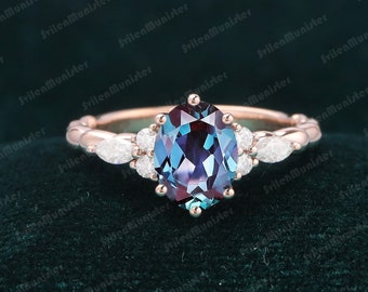 Bague de fiançailles Alexandrite ovale Bague de fiançailles vintage en or rose Dainty Bague de fiançailles en diamant taille Marquise bague torsadée bague de promesse d'anniversaire de mariée