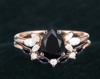Pear black onyx engagement ring set vintage unique promise ring cluster gemstone rose gold engagement ring  Bridal Sets Anniversary Gifts