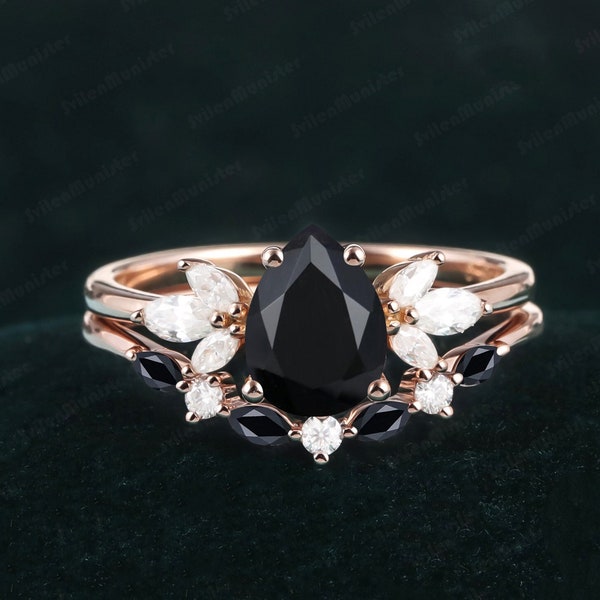 Pear black onyx engagement ring set vintage unique promise ring cluster gemstone rose gold engagement ring  Bridal Sets Anniversary Gifts