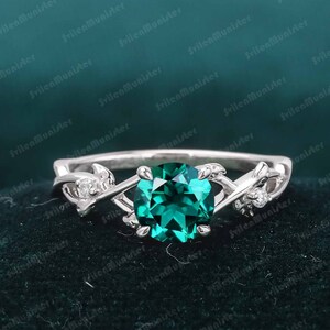 Unique Leaf Design Emerald engagement Ring White Gold Promise Ring Art Deco Anniversary Gift Green Gemstone Nature Inspired Statement Ring