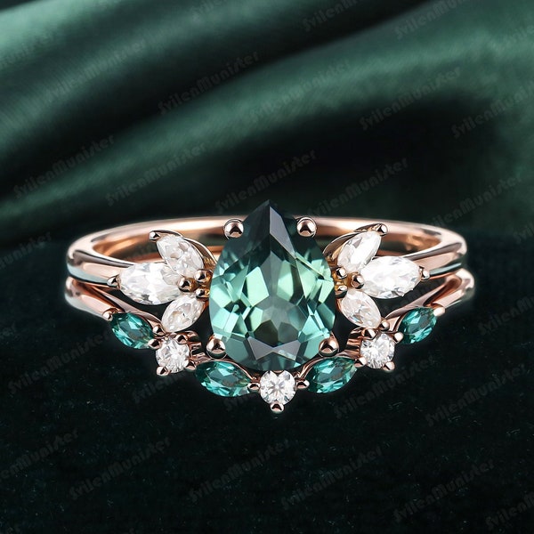 Pear Green Sapphire Engagement Ring Sets Bridal Rose Gold Sets Art Deco Ring Promise Ring Vintage Ring Green Gemstone Handmade Jewelry Gifts