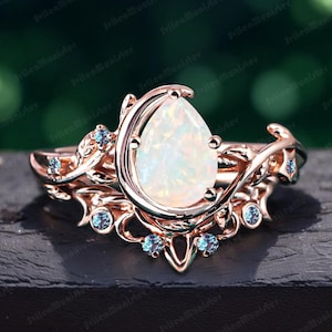 Vintage Pear Cut Opal Engagement Ring Sets Bridal Sets Moon Star Rose Gold Art Deco Ring Leaf Dainty Promise Ring Handmade Jewelry Gifts