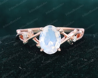 Moonstone engagement ring rose gold Oval Shape Vintage Unique branch design diamond Bridal ring leaf twist Anniversary ring wedding ring