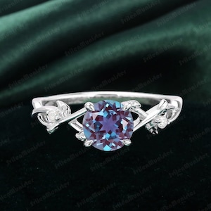 Unique Leaf Design Ring Alexandrite Engagement Ring 925 Silver Ring Promise Ring Art Deco Anniversary Gift Round Cut Alexandrite Ring Women