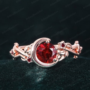 Ruby Engagement Ring Moon Star Rose Gold Round July Birthstone Promise Ring For Her Nature Inspired Branch Leaf Gemstone Art Deco Ring Women