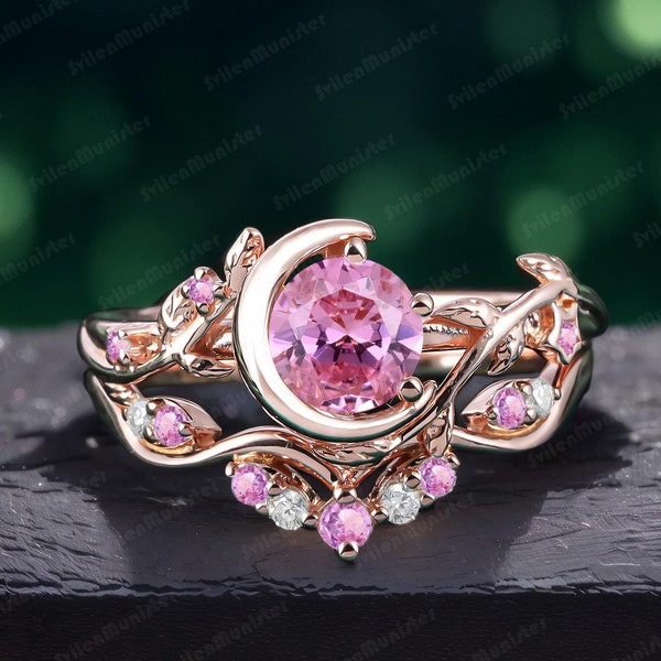 Unique Art Deco Ring Pink Sapphire Engagement Ring Bridal Sets Moon Star Dainty Vintage Rose Gold Leaf Promise Ring Handmade Jewelry Gift