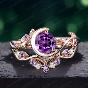 Art Deco Ring Nature Inspired Amethyst Bridal Set Moon Star Gold Vintage Engagement Ring Leaf Feb Birthstone Dainty Promise Ring For Women