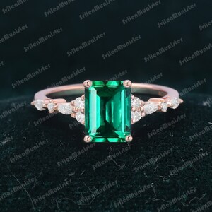 Vintage Emerald Cut Emerald Engagement Ring Wedding ring Rose Gold Ring Art Deco Dainty Diamond  Wedding Ring Anniversary Promise ring