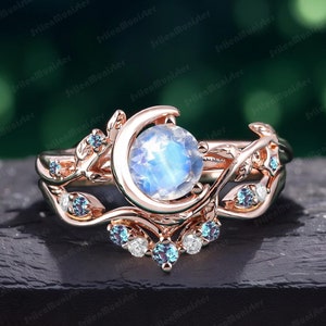 Anillo de compromiso de piedra lunar natural, conjunto de novia, anillo Art Deco, luna, estrella, hoja de oro rosa vintage, delicado anillo de promesa, joyería hecha a mano, regalo