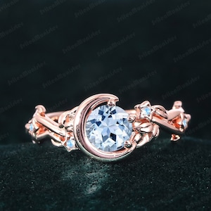 Aquamarine Engagement Ring Moon Star Rose Gold Round Mar. Birthstone Gemstone Promise Ring Nature Inspired Branch Leaf Art Deco Wedding Ring