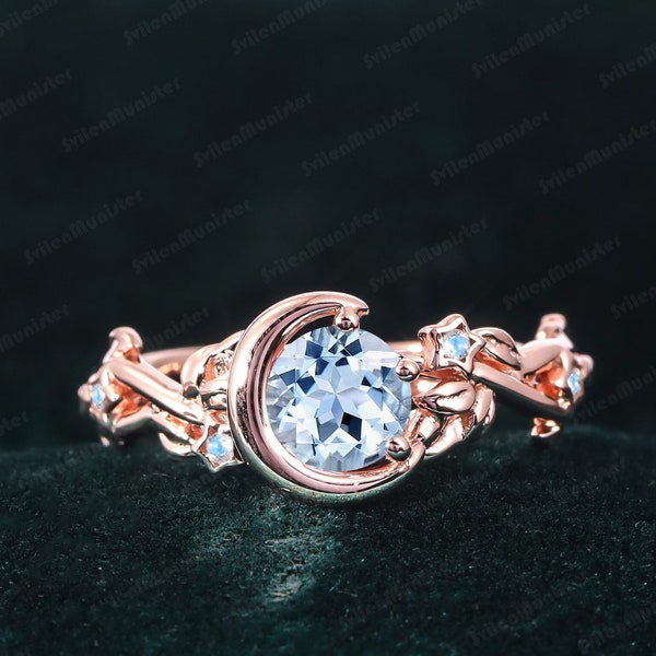 Aquamarine Engagement Ring Moon Star Rose Gold Round Mar. Birthstone Gemstone Promise Ring Nature Inspired Branch Leaf Art Deco Wedding Ring