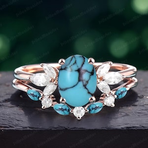 Oval turquoise engagement ring set vintage unique gemstone rose gold engagement ring women gemstone wedding band Bridal Sets Anniversary