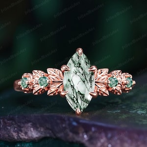 Marquise Cut Moss Agate Engagement Ring Solid Rose Gold Promise Ring Nature Inspired Leaf Ring Green Gemstone Art Deco Ring Gift For Her