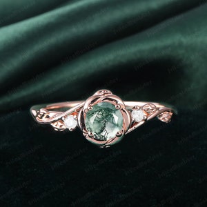Natural Moss Agate Engagement Ring Leaf Petals Bridal Ring Rose Gold Art Deco Promise Ring Handmade Jewelry Gifts Nature Inspired Ring
