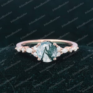 Vintage Round Cut Moss Agate Engagement Ring Wedding ring Rose Gold Ring Art Deco Dainty Diamond  Wedding Ring Anniversary Promise ring