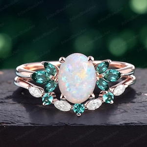 Oval Fire Opal engagement ring set vintage unique rose gold engagement ring Oct Birthstone emerald wedding band Bridal Sets Anniversary