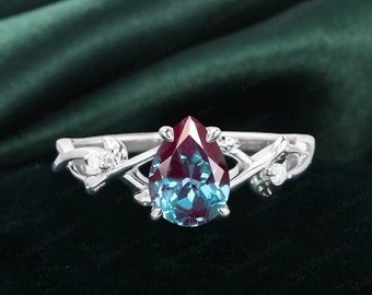 Unique Leaf Design Ring Alexandrite Engagement Ring White Gold Ring Promise Ring Art Deco Anniversary Gift Pear Shape Alexandrite Ring Women