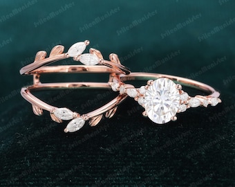 Oval Cut Moissanite engagement ring set Unique vintage rose gold engagement ring Marquise Diamond cluster ring Enhancer wedding sets ring