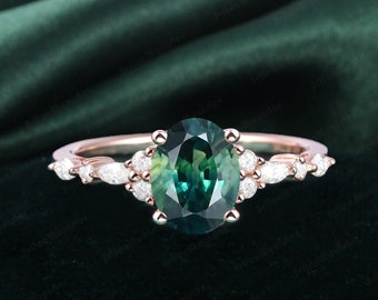 Ovaler blaugrüner Saphir-Verlobungsring für Damen, Roségold, einzigartiges Cluster-Verlobungsring-Set, Diamant-Vintage-Verlobungs-Jubiläums-Geschenkring