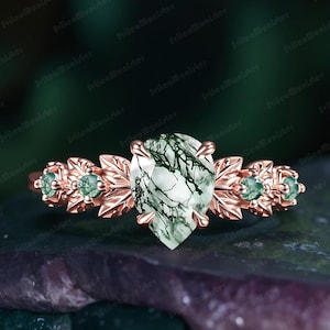 Pear Moss Agate Engagement Ring Solid Rose Gold Promise Ring Nature Inspired Leaf Cluster Ring Green Gemstone Art Deco Ring Gift For Her