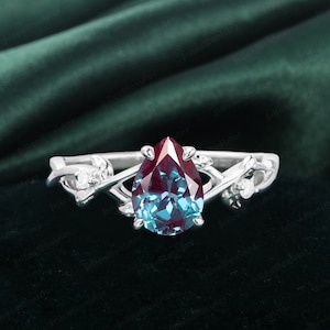 Unique Leaf Design Ring Alexandrite Engagement Ring White Gold Ring Promise Ring Art Deco Anniversary Gift Pear Shape Alexandrite Ring Women