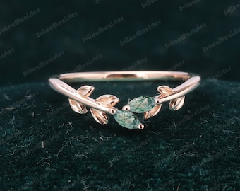Vintage Moss Agate Curved wedding band Rose gold wedding band women Unique Leaf Marquise cut ring stacking matching Bridal gift women