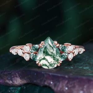 Vintage Pear Moss Agate Engagement Ring Solid Rose Gold Promise Ring Unique Cluster Ring Art Deco Ring Gift For Her Handmade Jewelry Gifts
