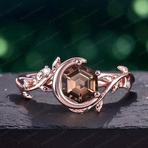 Hexagon Cut Smoky Quartz Engagement Ring Moon Star Rose Gold Vintage Ring Art Deco Ring Nature Inspired Branch Leaf Dainty Promise Ring