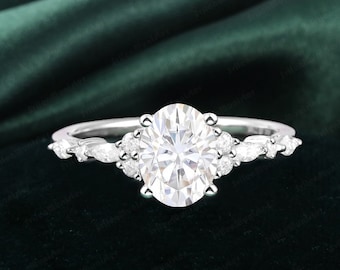 Oval Moissanite engagement ring Unique white gold engagement ring Vintage Marquise Diamond cluster ring Art deco Promise Anniversary ring