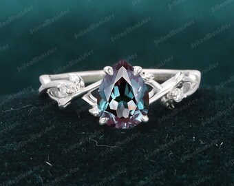 Unique Leaf Design Ring Alexandrite Engagement Ring White Gold Ring Promise Ring Art Deco Anniversary Gift Pear Shape Alexandrite Ring Women