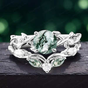 Unique Leaf Design Moss agate engagement Ring Sets Bridal Sets White Gold Promise Ring Art Deco Anniversary Gift Round Cut Nature Inspired