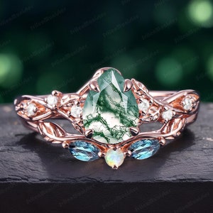 Pear Cut Art Deco Ring Moss Agate Bridal Sets Rose Gold Vintage Engagement Ring Sets Nature Inspired Leaf Green Gemstone Dainty Promise Ring