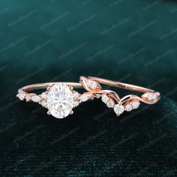 Oval Moissanite engagement ring sets rose gold unique vintage Cluster engagement ring Marquise Diamond bridal sets Promise Anniversary ring