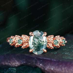 Oval Moss Agate Engagement Ring Solid Rose Gold Promise Ring Nature Inspired Leaf Cluster Ring Green Gemstone Art Deco Ring Gift For Her