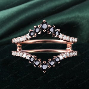 Black Diamond Enhancer Wedding Band Vintage Moissanite Wedding Band Double Curved Band Rose Gold Stacking Matching Bridal Ring Promise Ring
