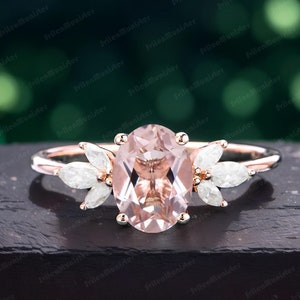 Oval Morganite engagement ring Unique vintage Rose gold ring Marquise cut Diamond Cluster ring engagement ring Bridal ring Anniversary ring