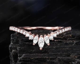 Vintage Diamond band wedding band women rose gold Moissanite band bridal matching ring curved stacking wedding ring promise anniversary band