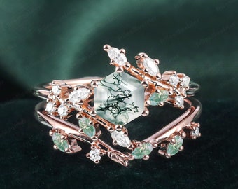 Vintage moss agate engagement ring sets rose gold leaf Nature inspired branches Twig marquise gemstone wedding women anniversary bridal set