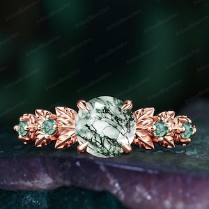 Moss Agate Engagement Ring Solid Rose Gold Promise Ring Unique Nature Inspired Leaf Cluster Ring Green Gemstone Art Deco Ring Gift For Her