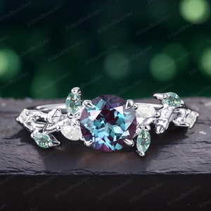 Vintage Alexandrite Engagement Ring White Gold Leaf Nature Inspired Colour Changing Stone Promise Ring Art Deco Ring Handmade Jewelry Gifts