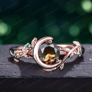 Art Deco Ring Nature Inspired Smoky Quartz Engagement Ring Bridal Ring Moon Star Rose Gold Vintage Leaf Promise Ring Jewelry Gift For Women