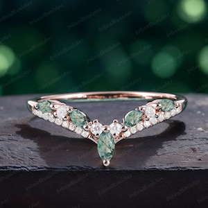 Natural Moss agate Curved Wedding Band Diamond Rose Gold Matching Band Unique Bridal Ring Stacking Band promise Ring Handmade Jewelry Gifts