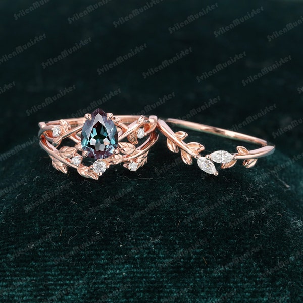 Unique Leaf Ring Alexandrite Engagement Ring Sets Rose Gold Ring Promise Ring Art Deco Anniversary Gift Pear Shape Alexandrite Ring Women