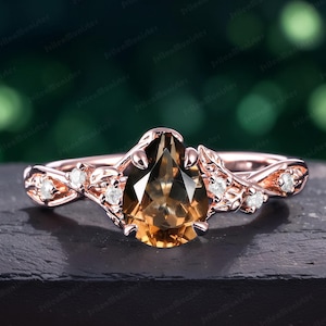 Pear Cut Art Deco Ring Smoky Quartz Bridal Ring Rose Gold Vintage Engagement Ring  Leaf Gemstone Ring Dainty Promise Ring For Women