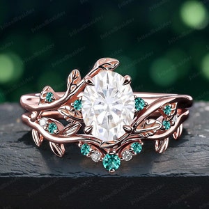 Oval Cut Moissanite Engagement Ring Sets Bridal Sets Rose Gold Vintage Nature Inspired Leaf Dainty Promise Ring Art Deco Ring Jewelry Gift