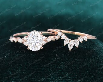 Oval cut Moissanite engagement ring set rose gold unique Cluster engagement ring sets Diamond vintage Promise Anniversary gift ring