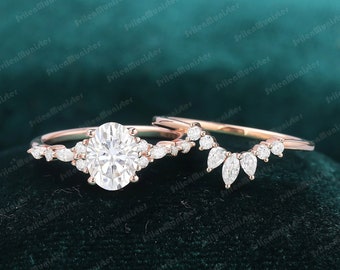 Oval cut Moissanite engagement ring set rose gold unique Cluster engagement ring sets Diamond vintage Promise Anniversary gift ring