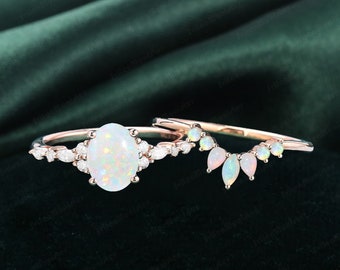 Vintage Oval  Natural Opal Engagement Ring Set Wedding ring Set  Rose Gold Ring Curved  Diamond Opal Wedding Band Anniversary Promise ring